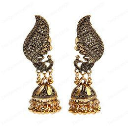 Retro Gold Peacock Oxidized Dangle Earrings Jewelry For Women Ethnic Afghan Birdcage Carved Jhumka Earring