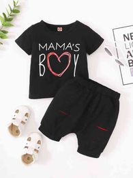 Baby Letter & Heart Print Tee & Cut Out Shorts SHE