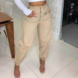 Spring Summer Casual Women Solid Cargo Trousers High Waish Zipper Button Pocket Design Shirring Detail Harem Pants For Cool Girl 211124