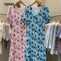 Toppies Summer Tie dye Printing T-shirt Dress Woman Slim V-neck Midi Dress Puff Sleeve A-line vestidos 210412