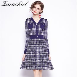 Elegant Autumn V-neck Long Sleeve Houndstooth Knitting Office Ladies Golden Button Pocket Casual Pullover Sweater Dress 210416