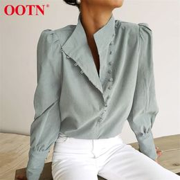 OOTN Elegant Turtleneck Blouse Long Sleeve White Shirt Office Ladies Top Casual Solid Single-Breasted Puff Womens Blouses 210719