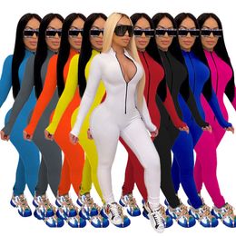 -Женщины комбинезон тонкий сексуальный сплошной цвет с длинным рукавом брюки пальца на молнии дамы Rompers 9 Цветов Размер S-5XL Новая мода 2020