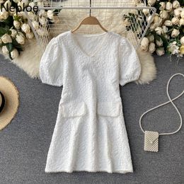 Neploe Women Elegant Korean Dress Heavy Beading V Neck Puff Short Sleeve A-line Mini Dresses Summer High Street White Vestidos 210422