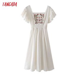 Tangada Summer Women Flowers Embroidery French Style White Dressshort Sleeve Ladies Midi Dress Vestidos 4T63 210609