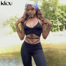 Kliou Women Sexy Bodycon Crop Tops+Long Pants Two Piece Set SleevelHalter Bandage Outfits Party Clubwear Slim Matching Sets X0709