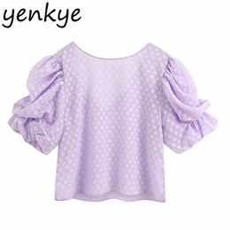 Fashion Women Semi-sheer Purple Jacquard Crop Top Sexy Backless O Neck Short Sleeve Summer Tops Plus Size Blusas mujer BBWM2197 210515