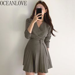Knitted Sweater Dress Women Solid Bandage Elegant V Neck Korean Office Lady Vestidos A-line Mini Dresses Sexy 18151 210415