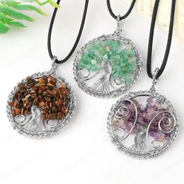 Tree of Life Pendant Necklace Natural Stone Silver Colour Wire Wrap Quartz Crystal Chip Bead Flower Reiki Jewellery Women Fashion Jewellery