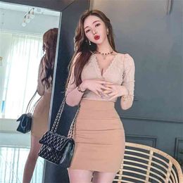 Sexy lace mini Dresses ladies korea v-neck splicing package Bodycon Party dresses for women fashion CLothing 210602