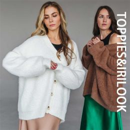 Toppies Winter Sweater Cardigan Women Faux Fur Knitted Sweater Button Green Cardigan Warm Tops 211218