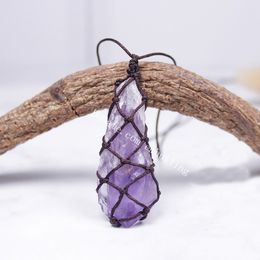 Macrame Raw Healing Crystal Pendant Handmade Braided Boho Rustic Rope Wrapped Rough Amethyst Citrine Green Quartz Point Gemstone Adjustable Necklace Jewelry