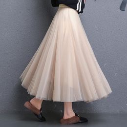 Faldas 2021 mujer verano falda de malla alta cintura midi delgado a-line sólido natural dulce faldas plisado negro pliegues