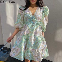 Korejpaa Women Dress Korean Chic Soft Retro Print V-neck Wood Ear Stitching Loose Dress Short Beach Vestido Summer Clothes 210526
