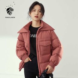 FANSILANEN Casual streetwear short hooded down jacket Women pocket wram thermal parka Feather quilted winter puffer coat 210607