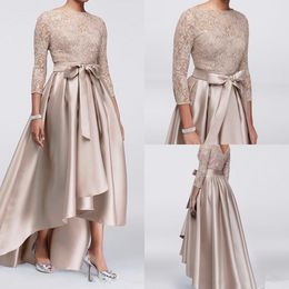 2021 Mother Off Bride Dresses Champagne Lace Applique Sequins Top 3/4 Long Sleeves Satin High Low Sashes Mother Of The Bride Dress