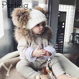 Winter Crochet Double Natural Raccoon Pompom Hat For Girls Real Fur Children Caps High Quality Fashion Kids Beanie Bonnet 211126