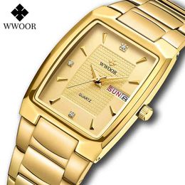 Wwoor Square Watch Homens com Data de Semana Automático Luxo Aço Inoxidável Mens de Ouro Quartz Wrist Watches Relogio Masculino 210804