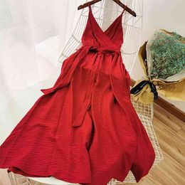 Korobov Korean Solid Beach Style Spaghetti Strap Dress Vintage Fashion V Neck High Waits A-Line Dresses Bohemian Vestidos Femme 210430