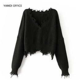 YAMDI women tassel sweater autumn winter solid orange white black sweaters cropped jumpers v neck sexy knitted pullover 210806