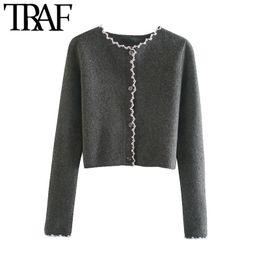 TRAF Women Fashion Patchwork Crochet Cropped Knitted Cardigan Sweater Vintage Long Sleeve Female Outerwear Chic Tops 210415