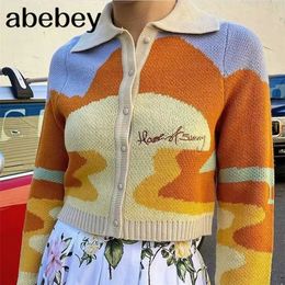 Letter Embroidery Harajuku Knitted Single Breasted Cropped Cardigan Women Autumn Long Sleeve Turn Down Collar Sweater Coat 211011