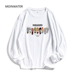 MOINWATER Women Casual Print Long Sleeve T-shirts Lady Cotton Black Fashion Tops Female White Tees shirt MLT1908 210406