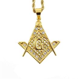 Newest Hip Hop Gold Stainless Steel Freemason Necklace Masonic Mason Masonry Compass Square Fraternity Pendant Gift Jewellery With Rhinestone