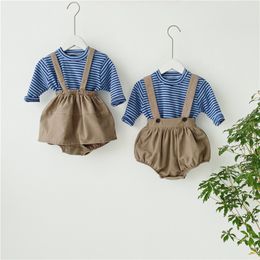Korean style baby boys girls striped 2pcs sets cotton casual long sleeve T shirt and bodysuit brother sister clothes 210508