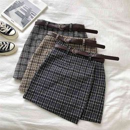 Korean Irregular Lady Skirt Female Autumn Sweet High Waist A-line Mini Skirt Vintage Casual Women Plaid Skirt Chic Sashes 210518