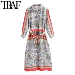 TRAF Women Fashion With Belt Paisley Print Midi Shirt Dress Vintage Three Quarter Sleeve Button-up Female Dresses Mujer 210415