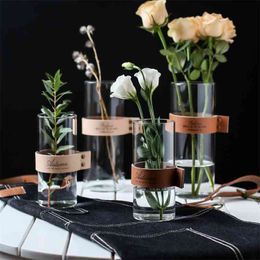 Nordic Creative Glass Flower Vase Tabletop Hydroponic Plant Vases Leather Handle Water Cup Mug Home Bonsa Decor Accessories 210409