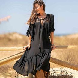 Casual Bikini Cover-ups Black Cotton Tunic Summer Beach Dress Women Plus Size Wear Swim Suit Cover Up Robe de plage Q1157 210420