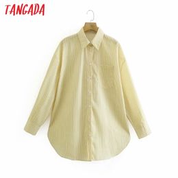 Women Yellow Striped Oversized Shirts Long Sleeve Turn Down Collar Casual Blouses Tops XN40 210416