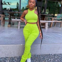 Kliou fitness two piece set women sporty tank top stacked leggings tracksuit skinny stretchy sleeveless casual ruched outfits Y0625