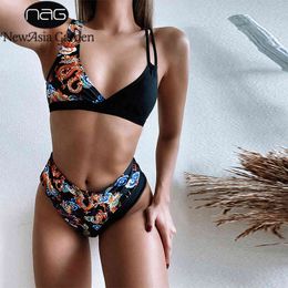 NewAisa High Waist Bikini Padded Cup Swimwear Women Bathing Suit Bandeau Bikinis Dragon Print Triangle Swimsuit High Cut 210413