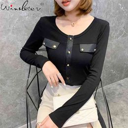 T Shirt Women Solid Tee Tops Summer Long Sleeve Korean Casual Hispter Metal Buttons T-shirt Camiseta Feminina T03003B 210421