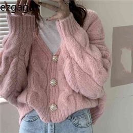 Ezgaga Warm Sweater Women V-Neck Solid Thick Outwear Autumn Winter Tender Sweet Girl Loose Knitted Cardigan Female Tops 210917