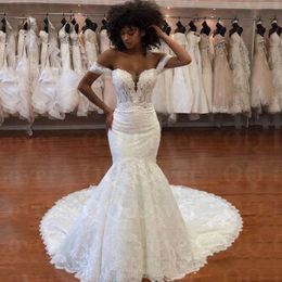 Cystal Beading Off The Shoulder Vintage Lace Mermaid Wedding Dresses Appliques White Bridal Gowns