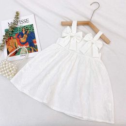 Fashion Baby Girl Sleeveless Dress White Color Girl Wedding Dress with Bow Solid Summer Dress Children Clothing 210715