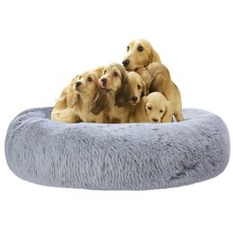 Round Large Dog Bed With Zipper Cover Washable Pet Sofa Long Plush Kennel Cushion s Warm Sleeping Cat Mats 210924