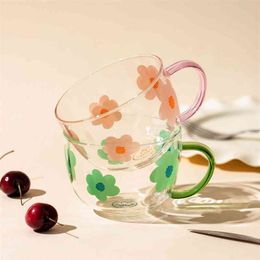 500ml Japanese Glass Milk Mug With Spoon Flower Pattern Breakfast Oats Mug Home Kitchen Coffee Handgrip Cup Large Capacity 210804