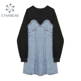 Fashion Jeans Dress Women Autumn Korean Casual Loose Long Sleeve Vintage O-Neck Female Lady Mini Demin Dress Vestido 210417