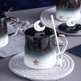 Creative Star Mug Individual Trend Ceramic Water Cup Nordic Milk Coffee Tea Cup with Lid Spoon 210804