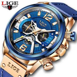 LIGE Casual Sports Watch for Men Top Brand Luxury Military Leather Wrist Watches Mens Clocks Fashion Chronograph Wristwatch 210804