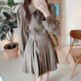 Nomikuma Fashion Korean Dresses Turn Down Collar Long Sleeve Slim Waist Pleated Mini Dress Women Vestidos Two Piece 3d991 210514