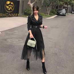 Spring Autumn Sexy Mesh Patchwork Women Notched Neck Elegant Dresses Long Swing Vestido Belt high quality robe femme 210506