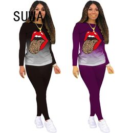 Two Piece Outfit for Women Set Casual Patchwork Sweatshirt Sweatpant Joggers Tracksuit Winter Clothes Wholesale Dropshpping 210525