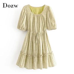 Casual Floral Print Summer Dress Women O Neck Loose Pleated Sundress Lantern Short Sleeve Bandage es Robe 210515