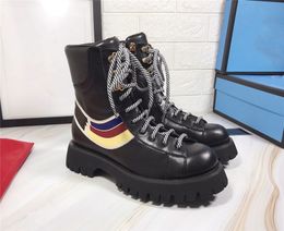 Three-color stripe design pattern Womens boots Soft quality cowhide Black leather boot Black and white shoelaces Women High top shoes Fashion platform shoe 35-40